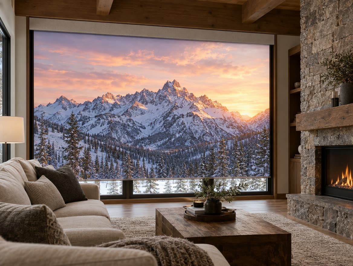 Custom fabric roller shade printed with a snowy mountain range at sunrise (design concept)