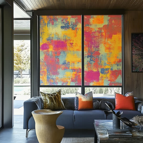 Design concept: roller shades in a bright abstract painted print