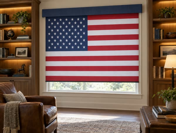 Design concept: custom fabric roller shade printed with the American flag, under a navy valance in a den