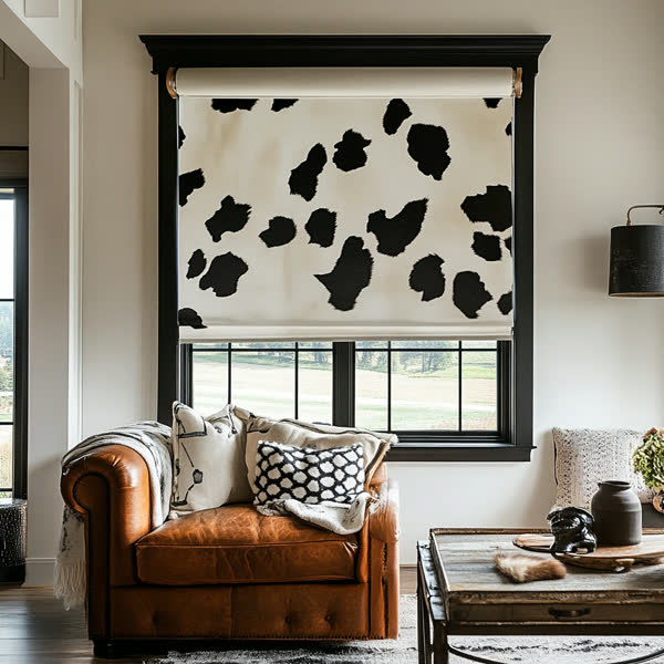 Design concept: a black and white cow print roller shade
