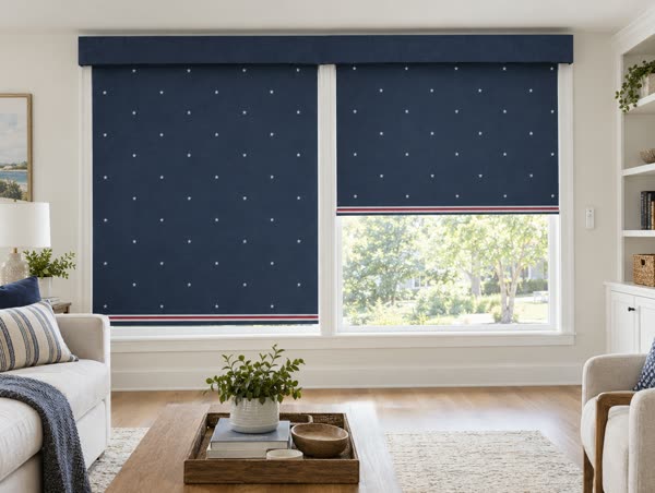 Design concept: two motorized custom fabric roller shades in navy with small white stars