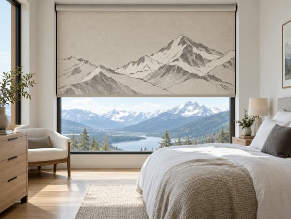 Design concept: custom fabric roller shade printed with mountain line art on natural linen in a bedroom