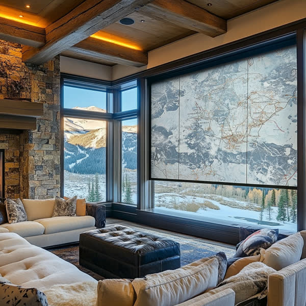 Design concept: roller shades printed with a ski mountain map in a mountain living room