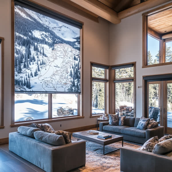 Design concept: roller shades with a snowy ski mountain print