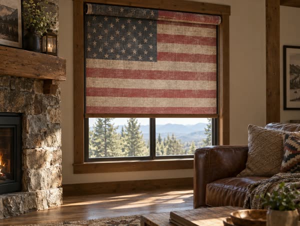 Design concept: open-roll custom fabric roller shade printed with a vintage American flag in a mountain cabin