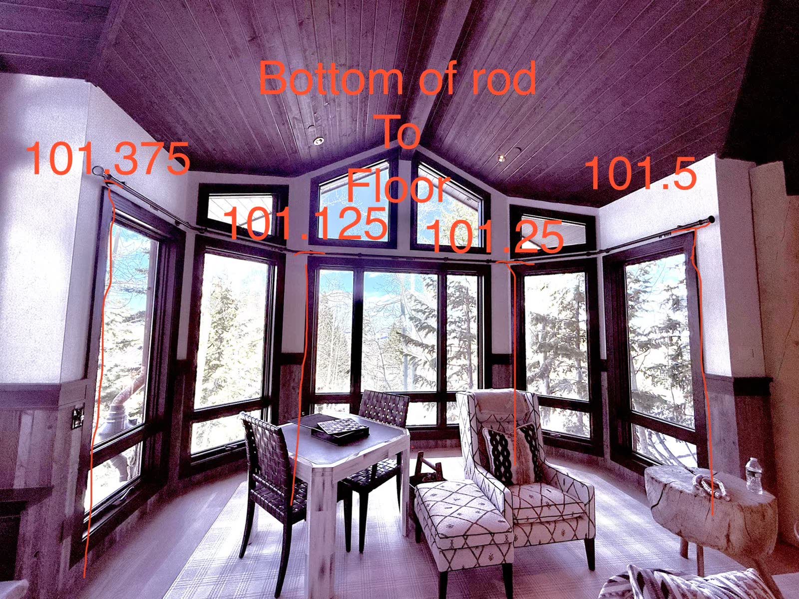 Bay window with a drapery rod, measured from the bottom of the rod to the floor at four points