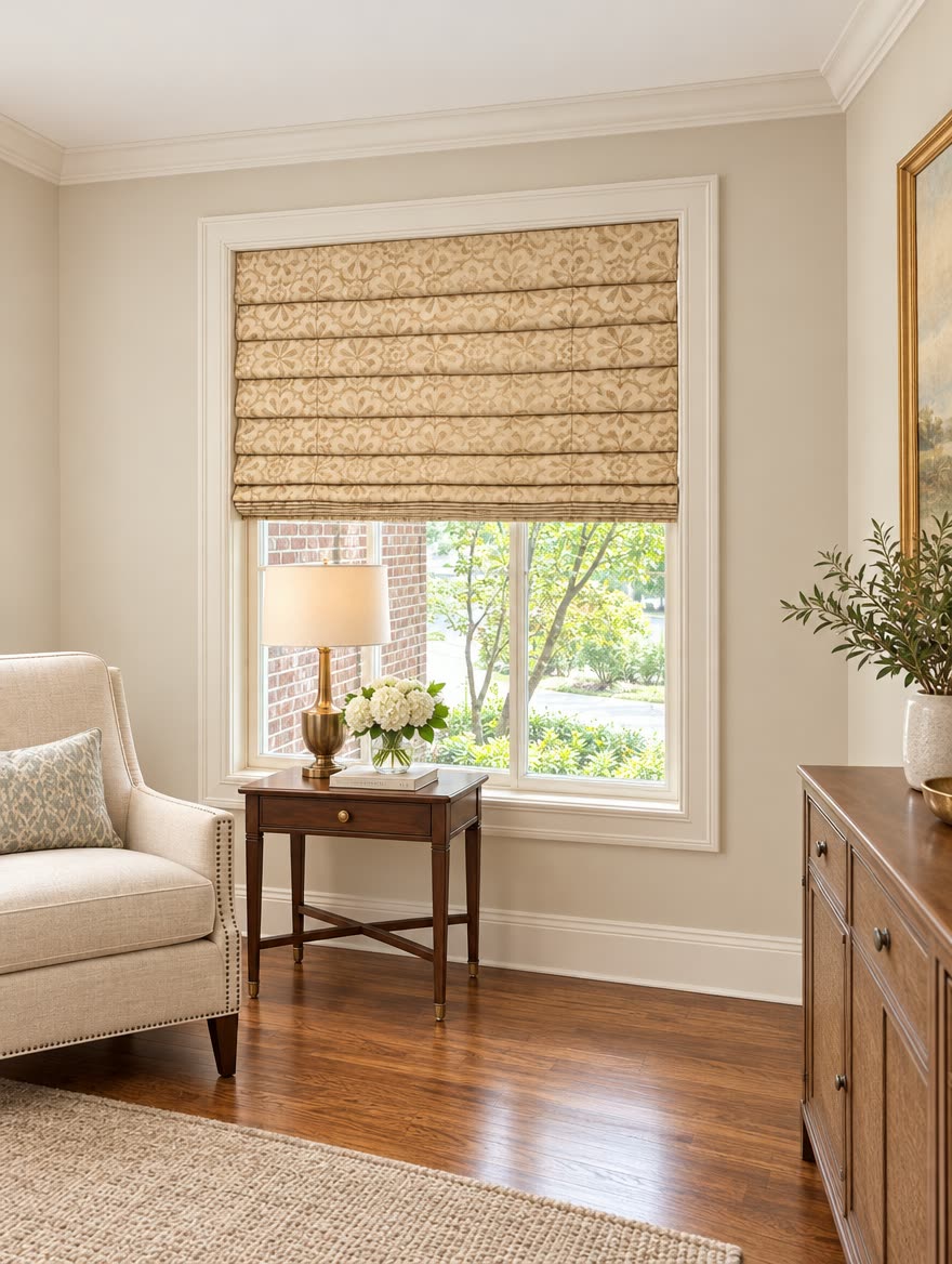 Permanently pleated Roman shade with soft cascading folds in a bright living room