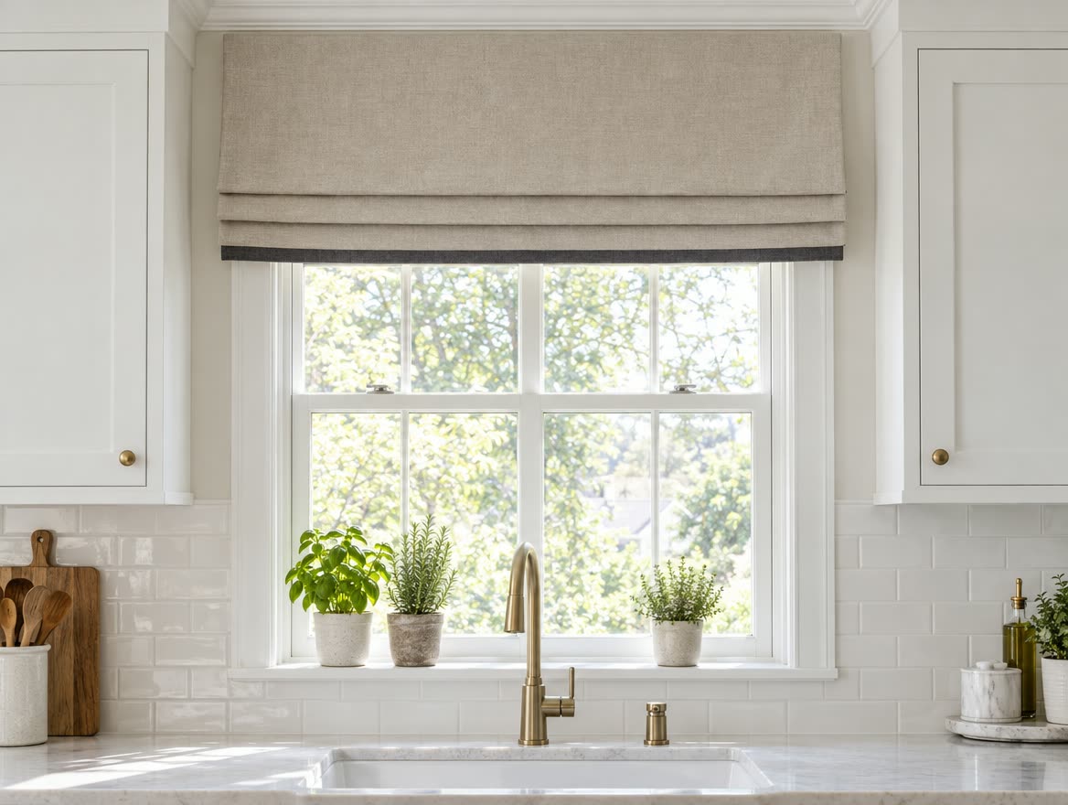 Roman valance in oatmeal linen with charcoal trim over a kitchen window