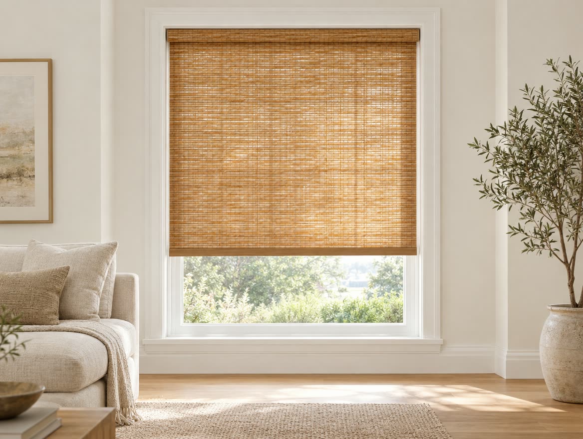 Natural woven wood roller shade in a bright living room